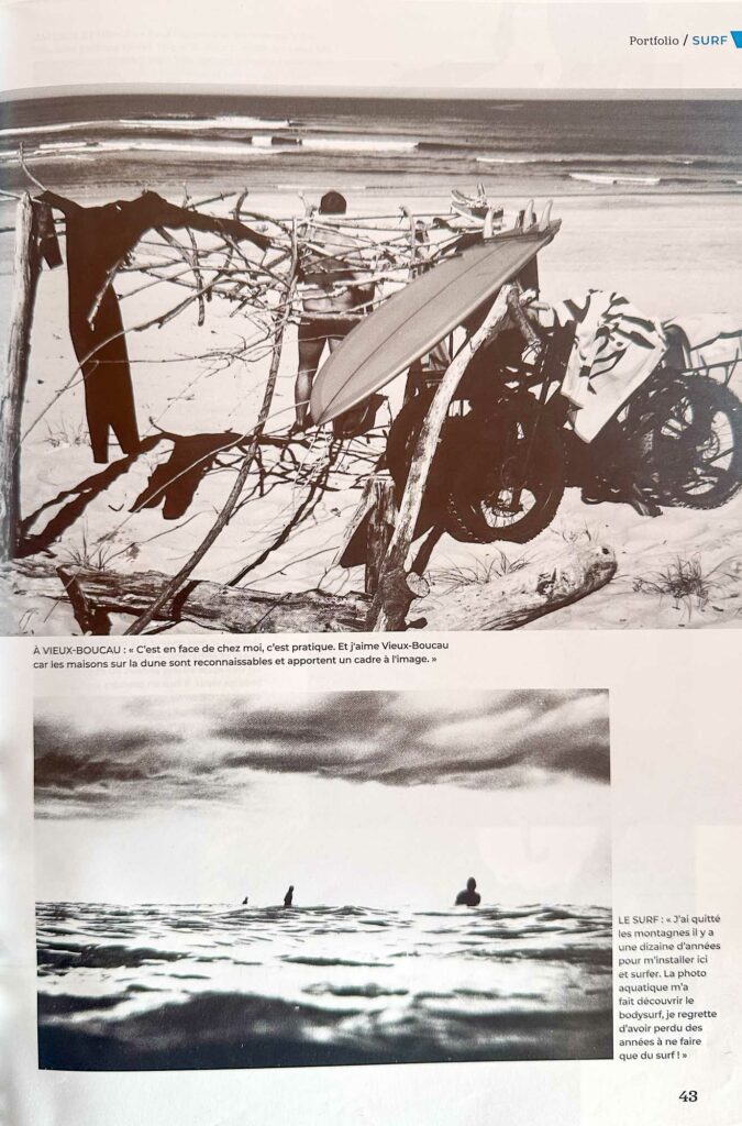 Page du magazine WAVE RADIO qui représente un surfuer au bord de la plage et une photo au line up réalisée par MONVILAIN