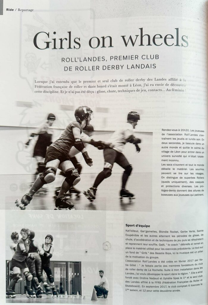 Première Page intérieure du magazine WAVE RADIO– article signé MonVilain sur le roller derby dans les Landes, texte et photo.